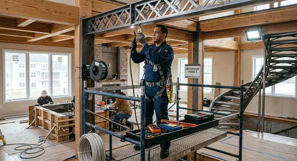 JM Technical Services technician working from scaffolding on a structural steel installation at a residential building site