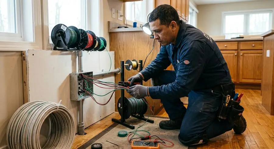 JM Technical Services electrician wiring a distribution board during a home rewiring job