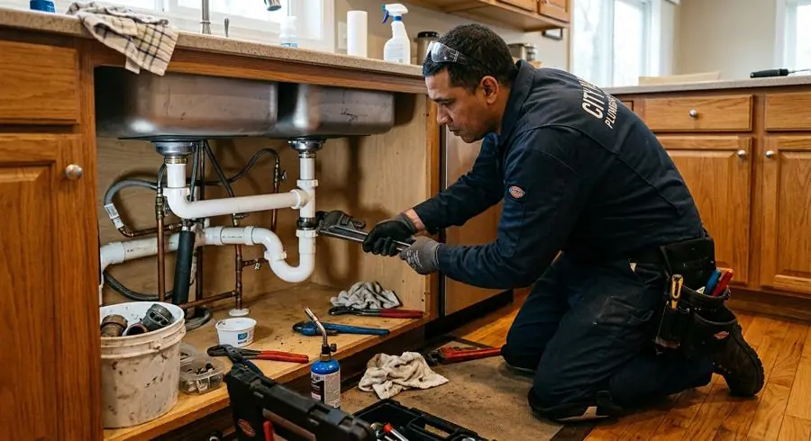 JM Technical Services plumber repairing pipework under a kitchen sink with a wrench